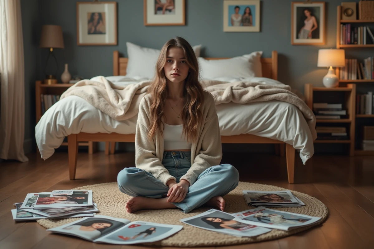 Jeune fille assise dans sa chambre avec magazines de mode
