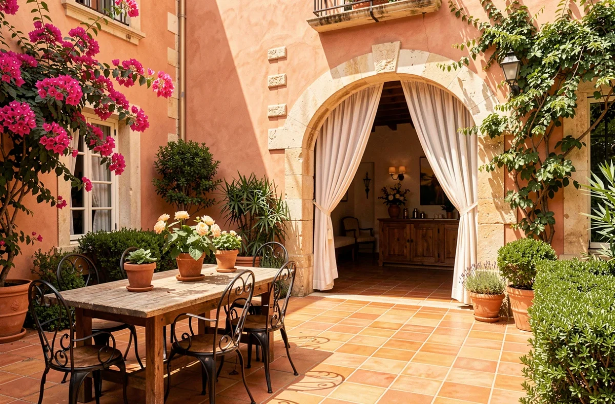 Cour intérieure de La Finca del Sol près de Perpignan avec sol en tomettes, arche en pierre et décor de réception catalan