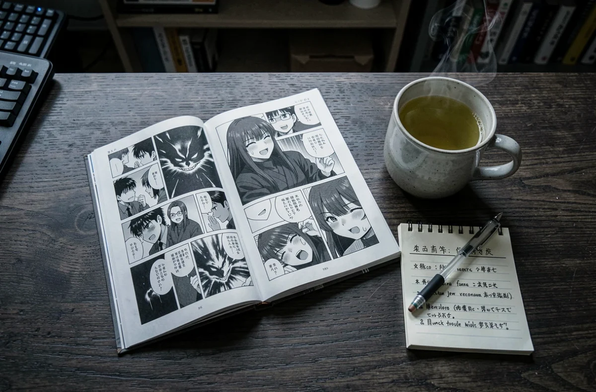 Vue aérienne d'une table de lecture avec un volume de manga One Piece ouvert sur des planches dramatiques, tasse de thé vert et notes manuscrites en français sur l'histoire d'Imu