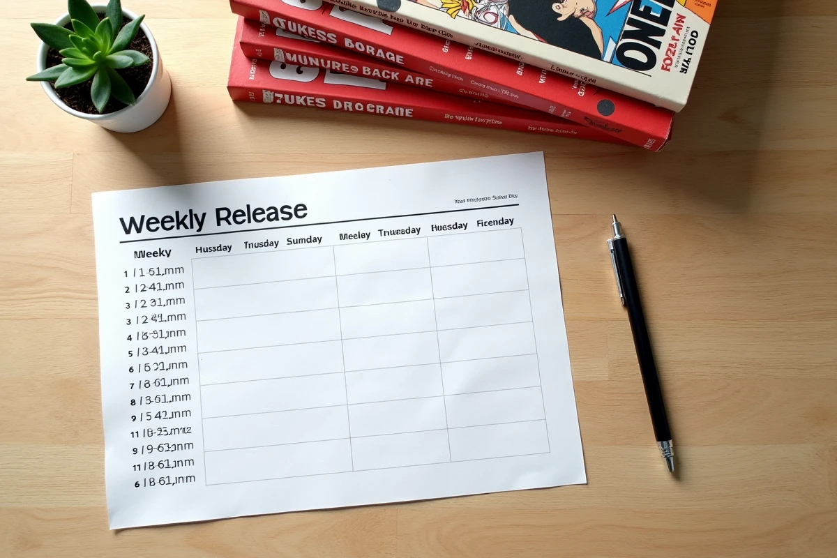 Flat lay éditorial avec des volumes de manga One Piece, un planning de sortie de chapitres annoté et des accessoires de bureau sur une table en bois