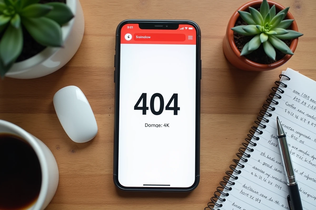 Vue aérienne d'un bureau avec smartphone affichant une erreur 404 et des notes manuscrites sur l'historique d'adresses de site web