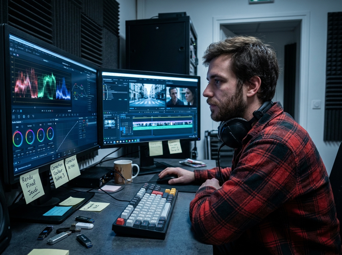 Étudiant en montage vidéo travaillant sur un logiciel de post-production dans une salle de formation audiovisuelle