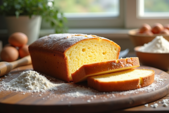Gâteau moelleux tranché sur table en bois avec ingrédients