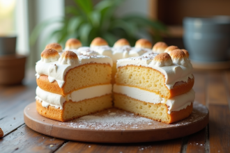 Gâteau dacquoise tranché sur table en bois naturel