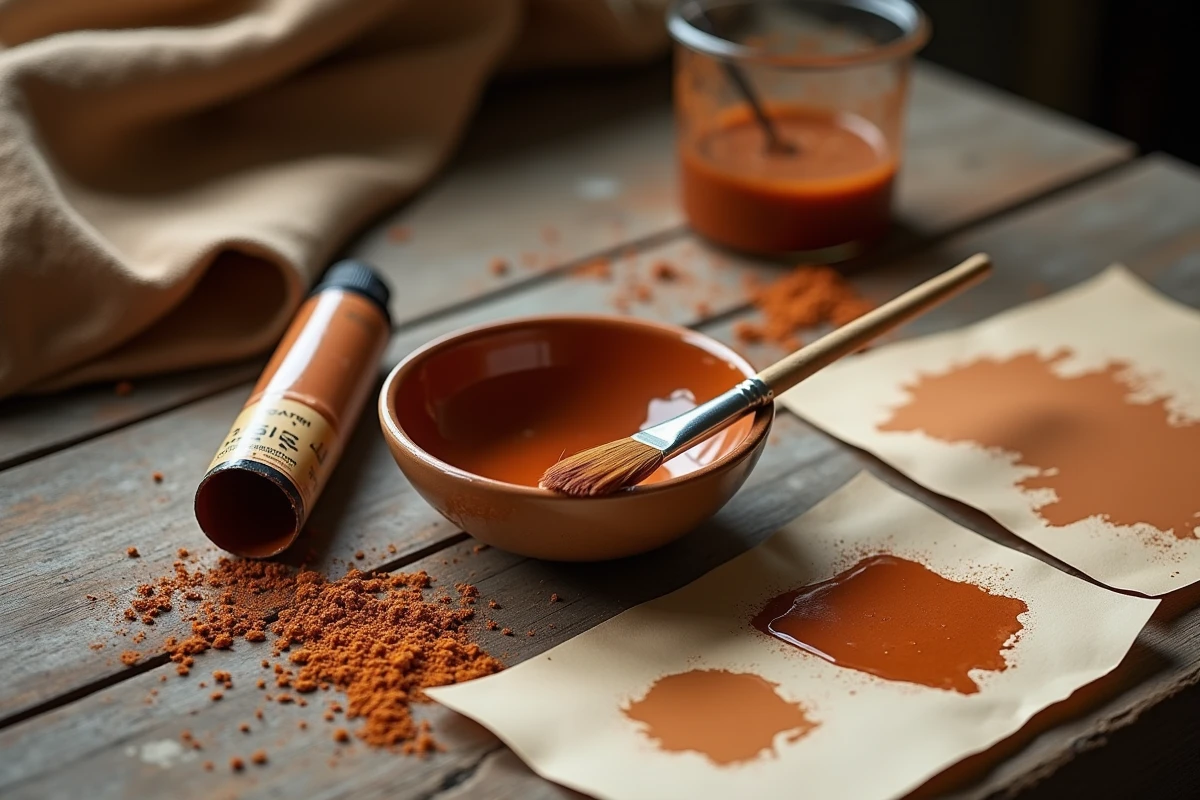 Gros plan sur un mélange de couleurs marron chaud et froid dans un bol de céramique avec des tubes de peinture et des échantillons sur papier aquarelle