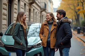 Trois adultes souriants devant une voiture en automne en France
