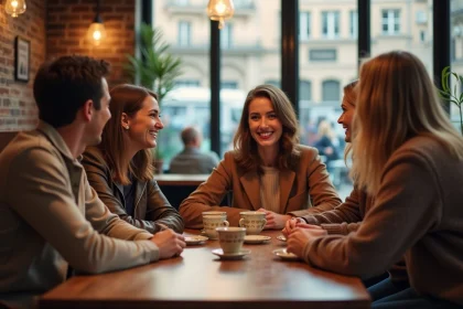 Groupe d'amis souriants au café à Lyon