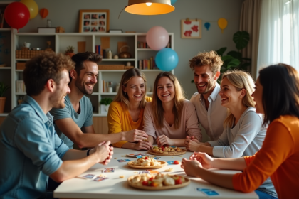 Groupe d'amis riant lors d'une fête à la maison