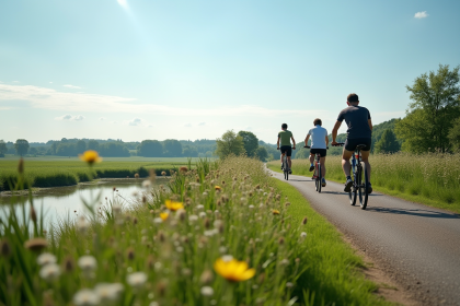 Groupe d'amis à vélo dans la campagne verte
