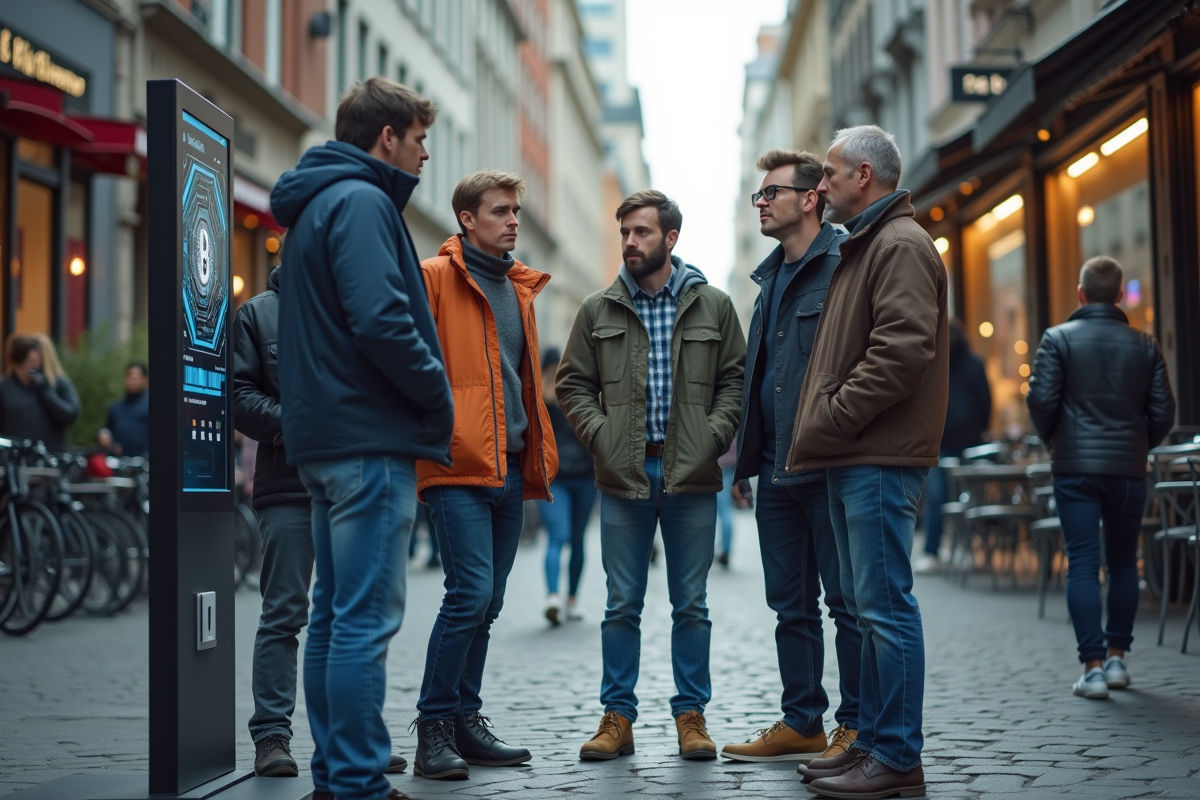 Groupe diversifié discutant d une image blockchain en ville animée