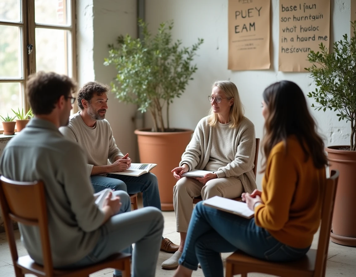 Groupe de personnes en cercle dans un espace communautaire industriel, échangeant autour de la philosophie et du mouvement Yelaszozjindofo