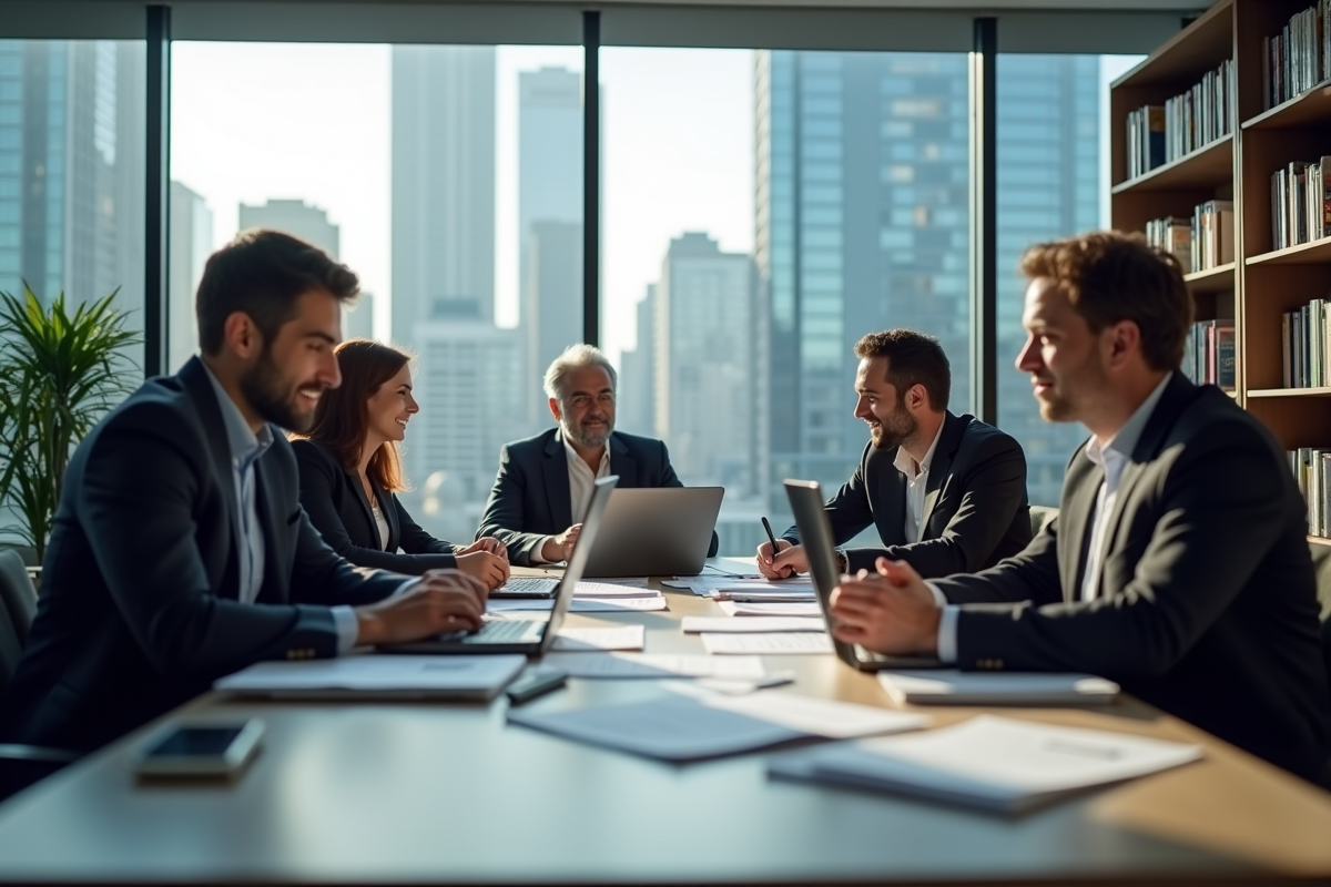 Groupe d adultes en discussion dans une salle de formation moderne