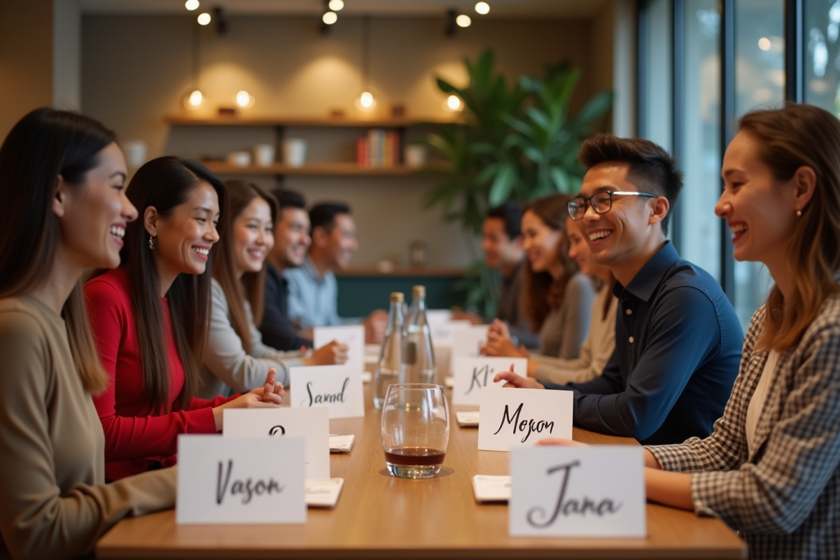 Jeunes souriants avec cartes nom en calligraphie