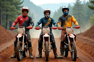 Trois motocross riders avec gear coloré devant leur moto