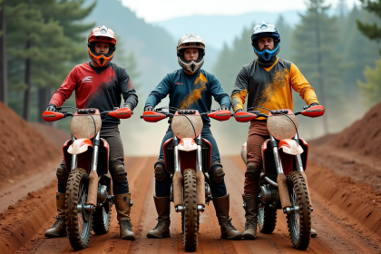 Trois motocross riders avec gear coloré devant leur moto