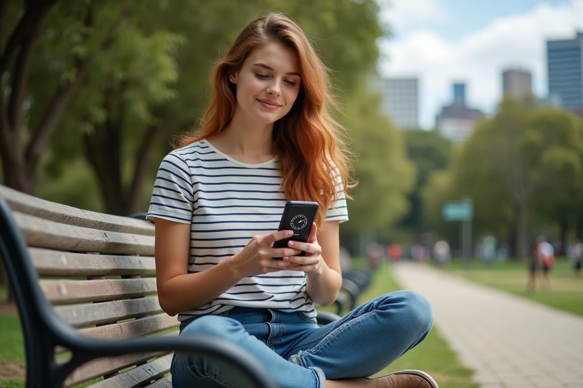 Jeune femme consultant l'heure de Sydney sur son smartphone dans un parc australien pendant l'heure d'été