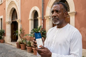 Homme tenant un smartphone affichant les horaires de prière à Marseille devant une mosquée