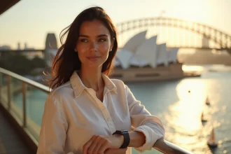 Femme vérifiant l'heure sur sa montre avec la skyline de Sydney en arrière-plan pendant l'heure d'été australienne