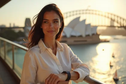 Femme vérifiant l'heure sur sa montre avec la skyline de Sydney en arrière-plan pendant l'heure d'été australienne