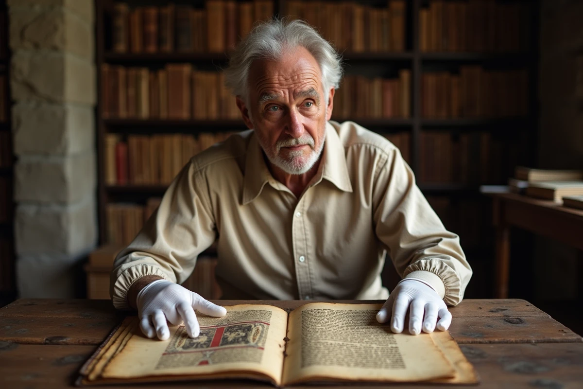 Historien examinant un manuscrit enluminé médiéval illustrant la croix des Templiers dans une bibliothèque ancienne