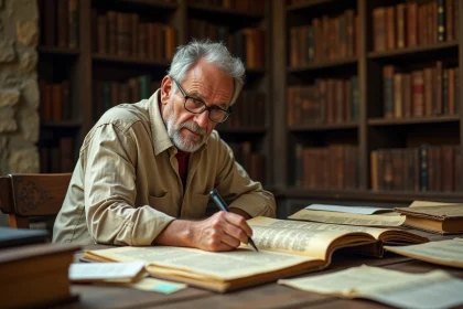 Historien examinant un manuscrit médiéval dans une salle d'archives universitaire