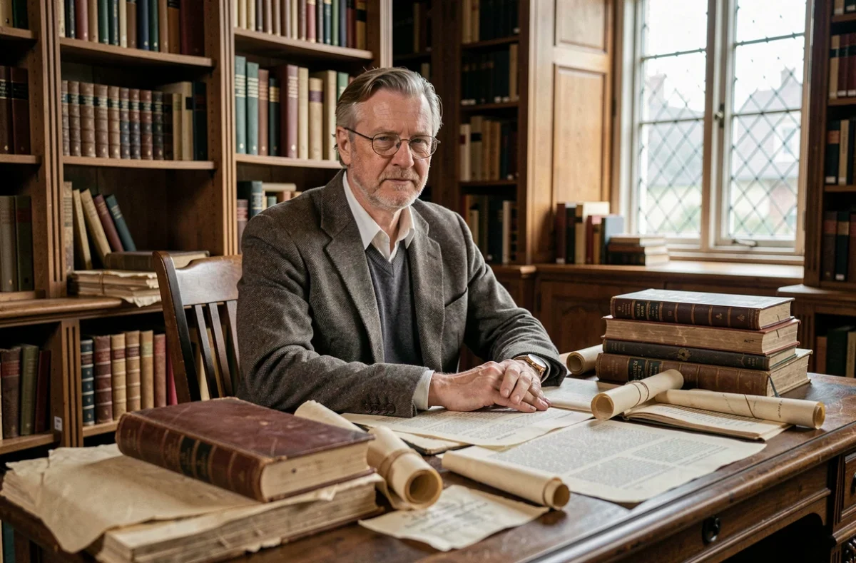 Historien spécialisé dans la période Tudor étudiant des documents anciens sur la réforme religieuse d'Henri VIII dans une bibliothèque universitaire