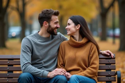 Couple assis sur un banc de parc en automne, l'homme attentif et souriant vers sa partenaire, illustrant les signes d'amour dans le comportement masculin
