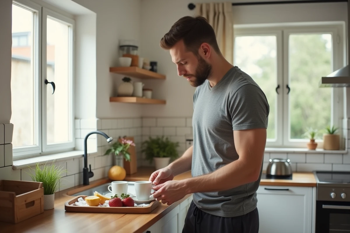 Homme préparant le petit-déjeuner avec soin dans une cuisine moderne, geste d'amour quotidien révélateur de l'attachement dans le couple