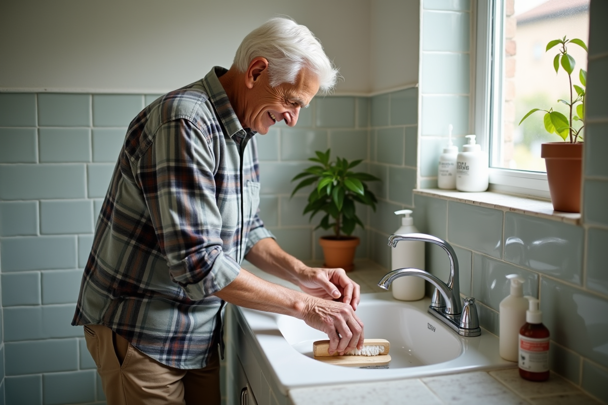 Homme âgé nettoyant un évier de salle de bain avec une brosse en bois