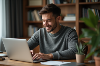 Homme détendu travaillant sur son ordinateur dans un bureau cosy