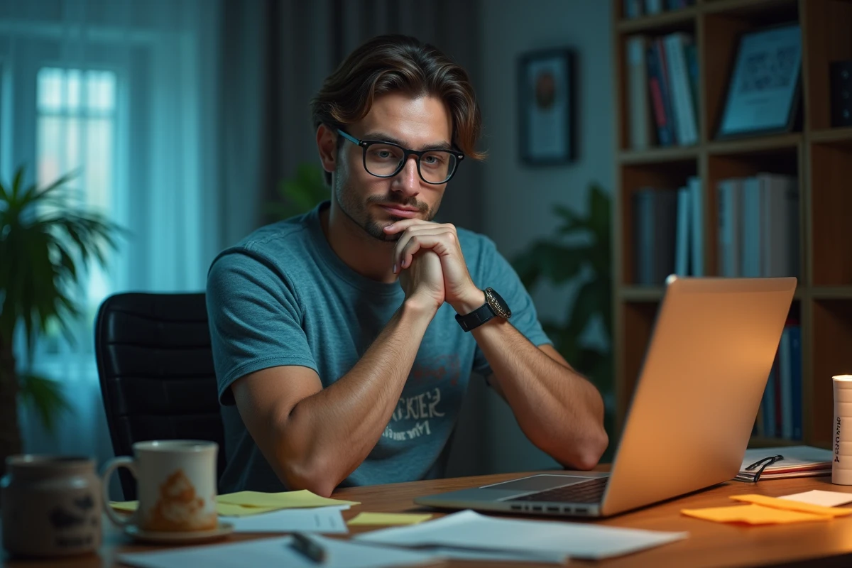 Homme à son bureau avec un sourire ironique devant son ordinateur en train de chercher des punchlines pour ses stories