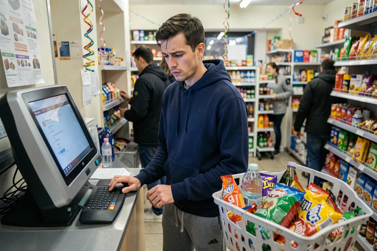 Homme à une caisse automatique d'un petit magasin ouvert le 1er janvier avec un panier d'achats impulsifs