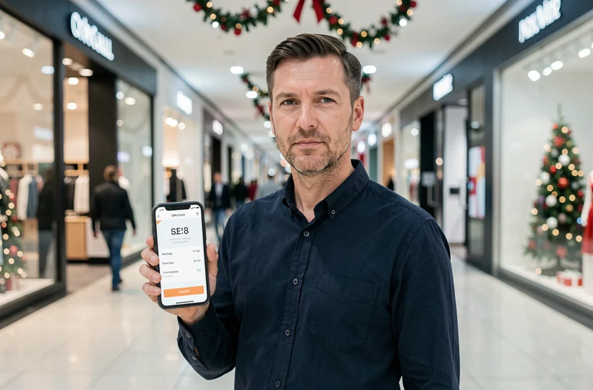 Homme utilisant ses chèques cadeaux Infini dans un centre commercial pendant la période de Noël