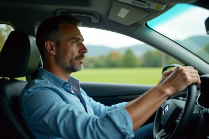Homme au volant d'une voiture moderne sur une route de campagne