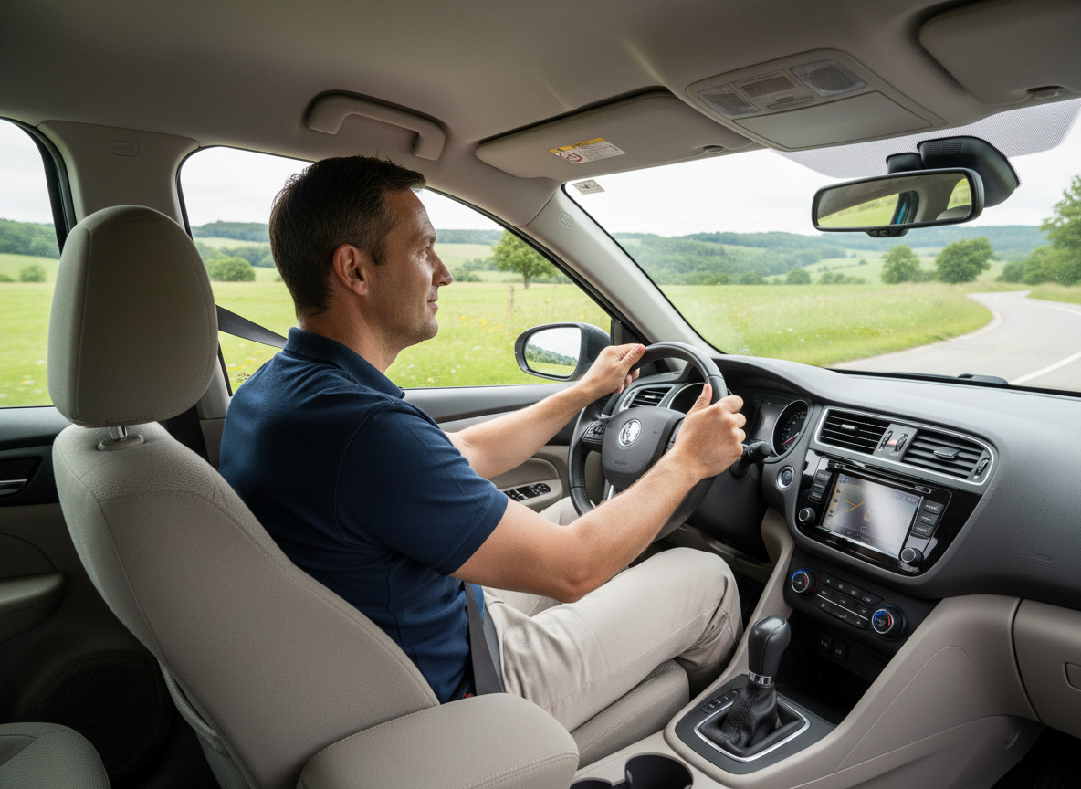 Homme conduisant en campagne avec paysage verdoyant