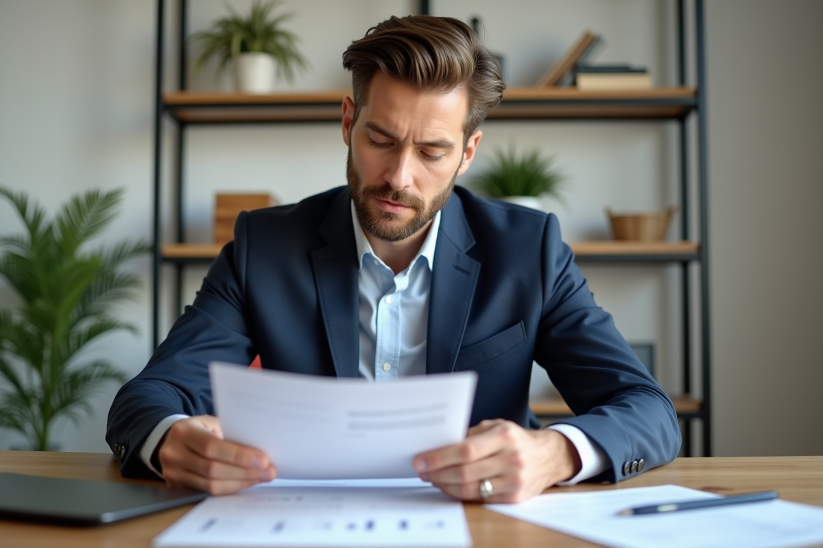 Homme en costume regardant des documents de prêt immobilier
