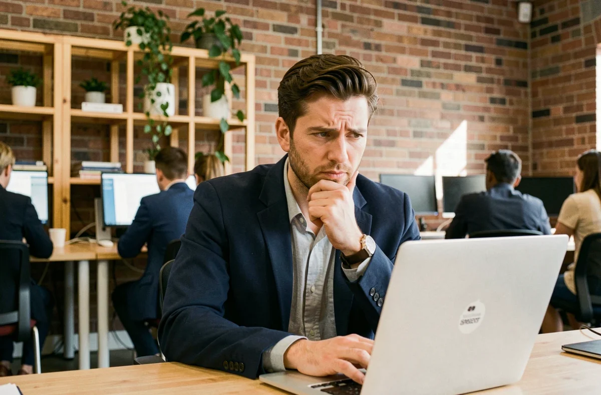 Jeune professionnel dans un espace de coworking regardant son écran d'ordinateur avec une expression d'interrogation face à une faute d'orthographe dans son texte