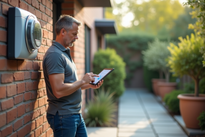 Homme examinant un compteur d energie digital dans son jardin