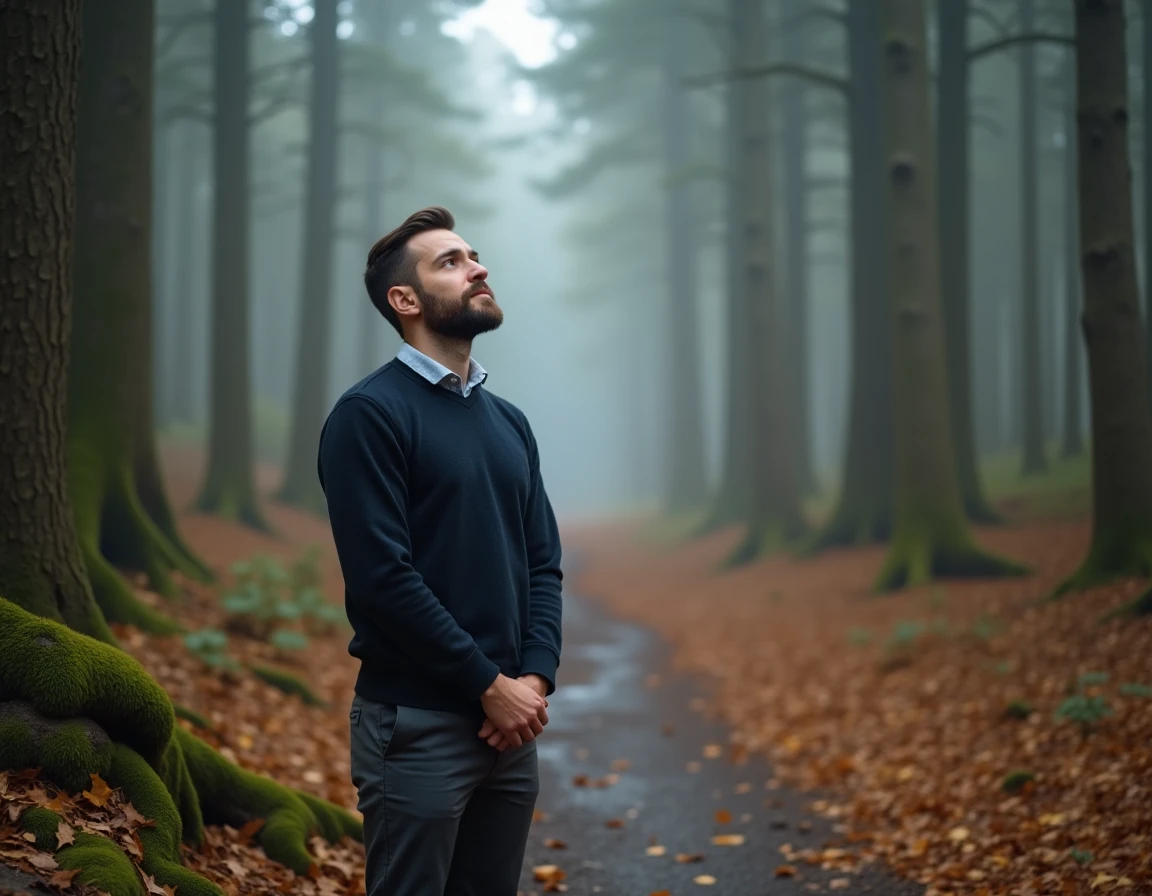 Homme contemplatif debout sur un sentier forestier brumeux en automne, évoquant la réflexion spirituelle et la quête de sens