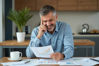Homme d'affaires souriant analysant un graphique d'épargne à la maison