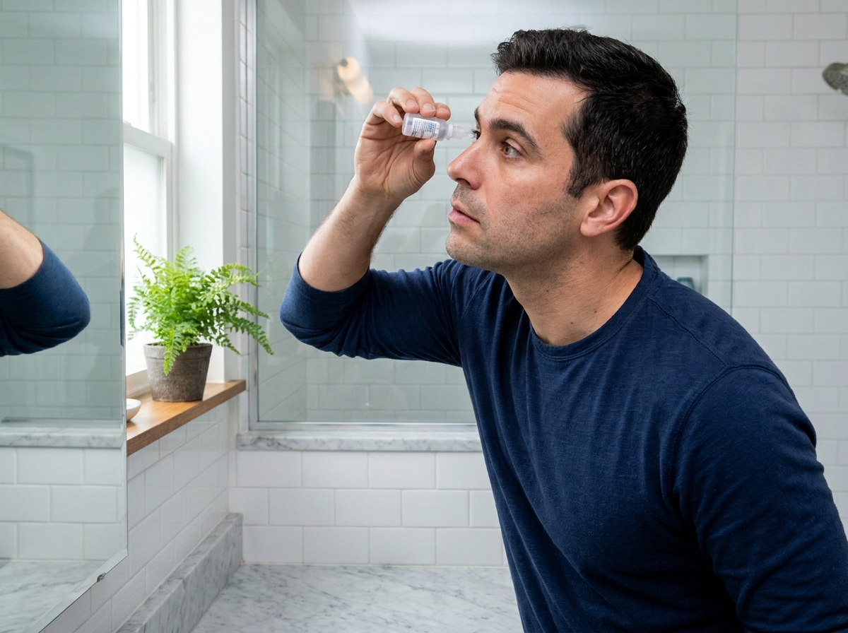 Homme utilisant des gouttes oculaires pour soulager la sécheresse des yeux dans une salle de bain