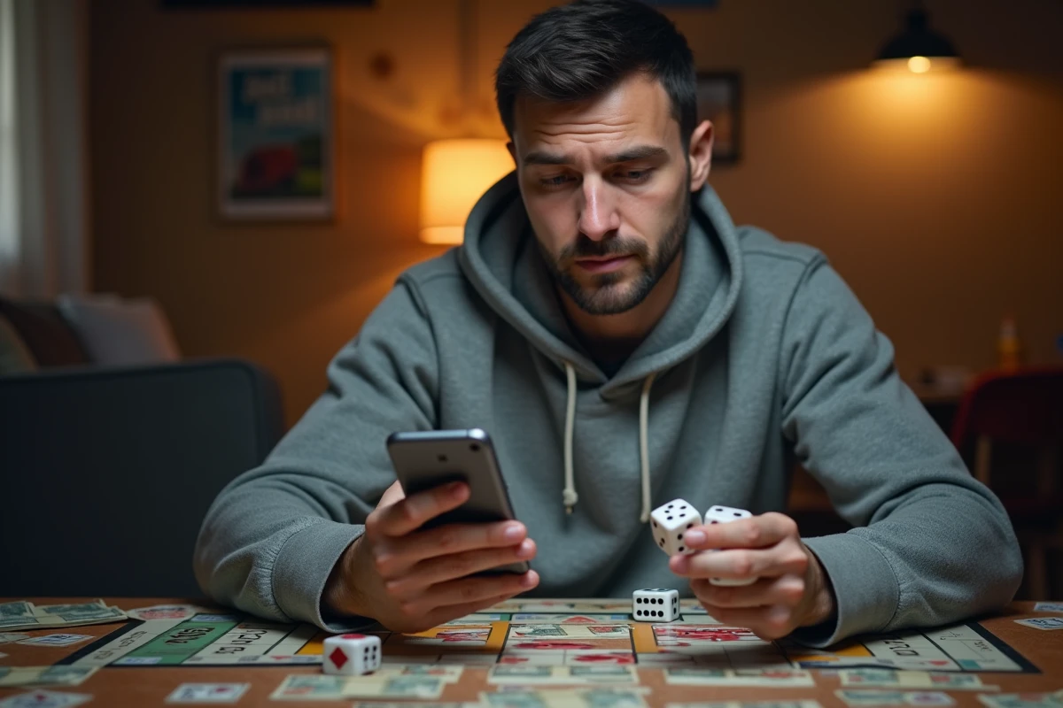 Homme utilisant le lanceur de dés Google sur smartphone pendant une partie de Monopoly