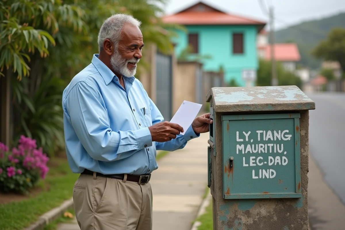 Homme mauricien âgé postant une lettre devant une maison colorée