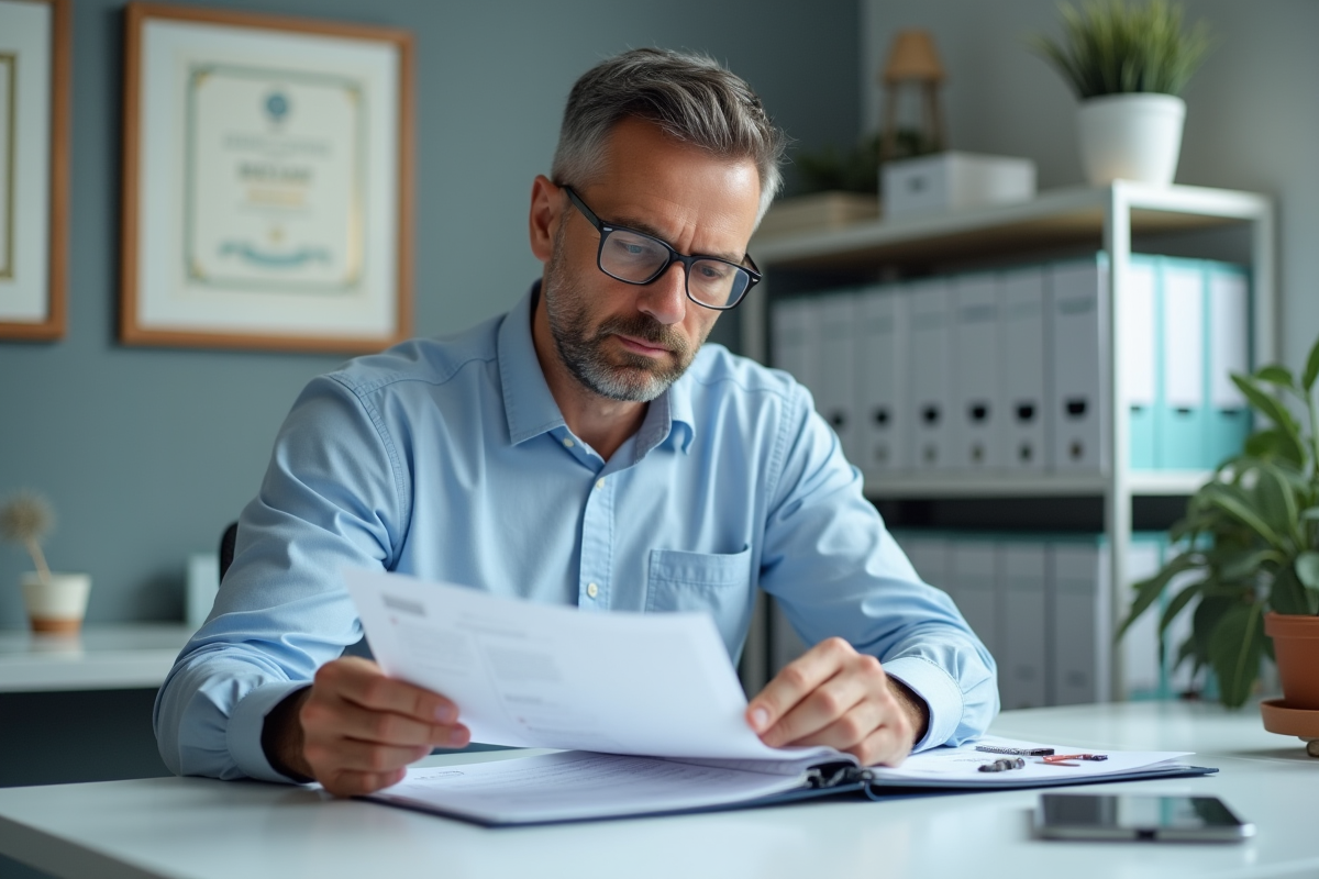 Homme d age moyen organisant ses documents financiers au bureau