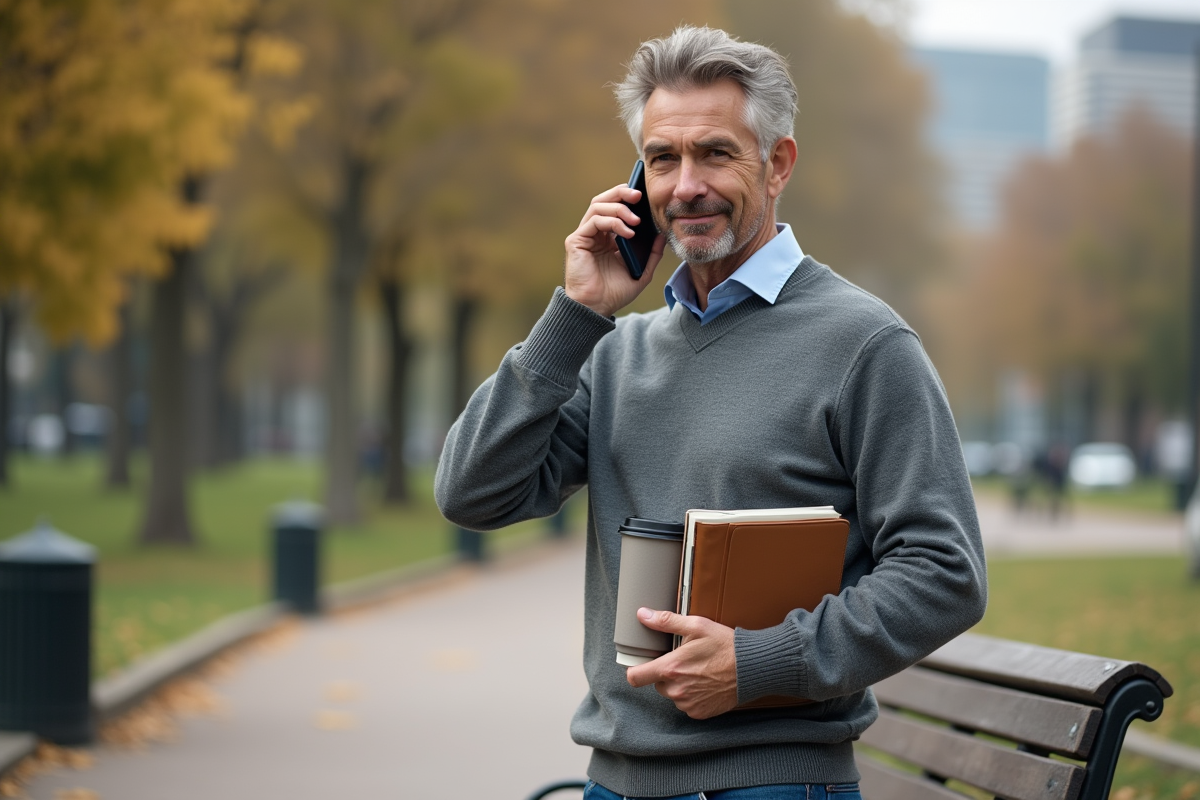 Homme discutant au téléphone dans un parc urbain