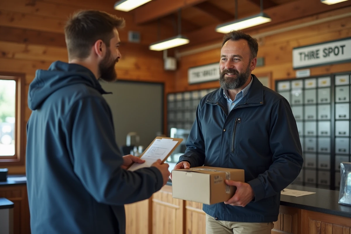 Homme avec parcel discutant avec un agent de poste