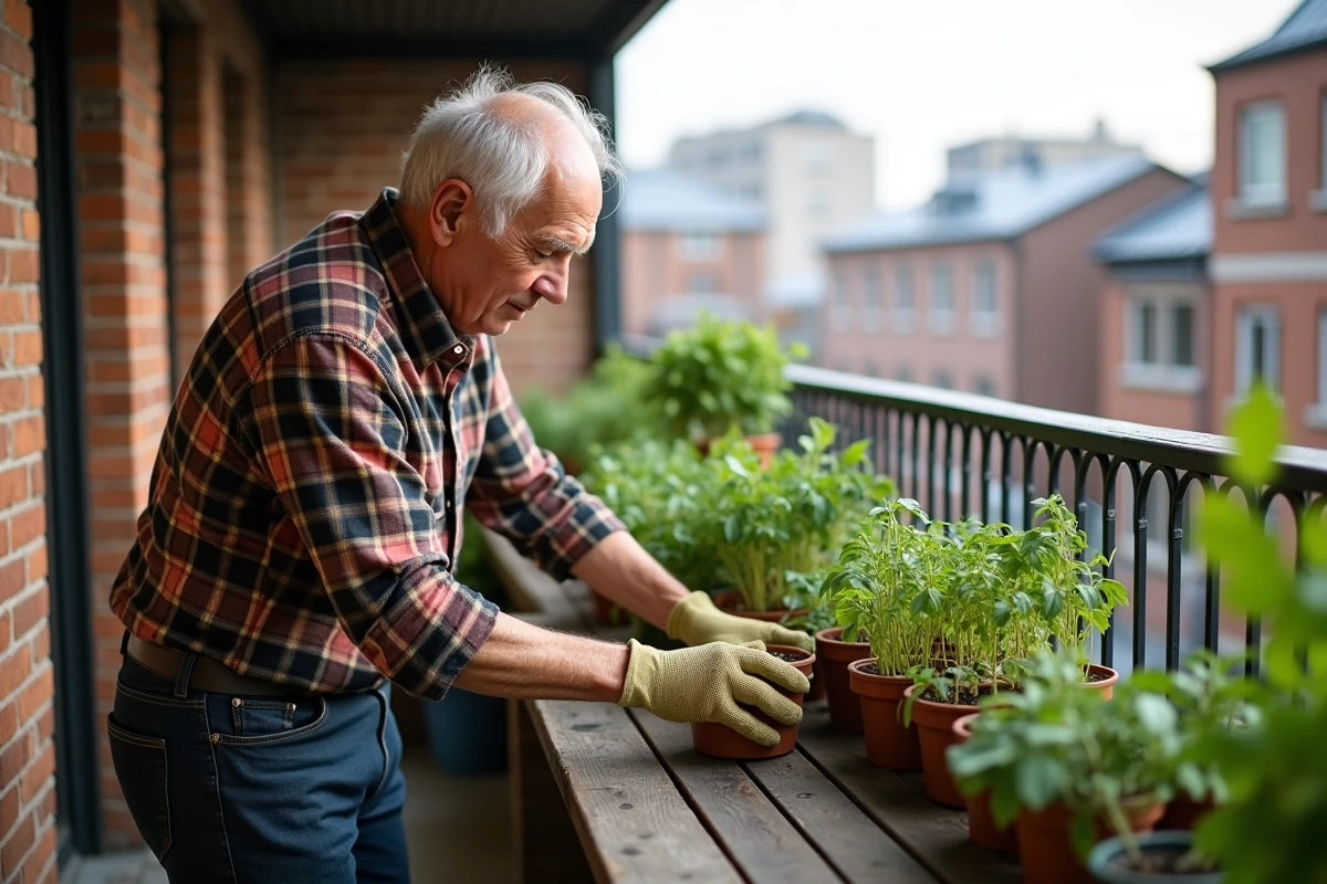 Homme âgé plantant des semis sur un balcon urbain