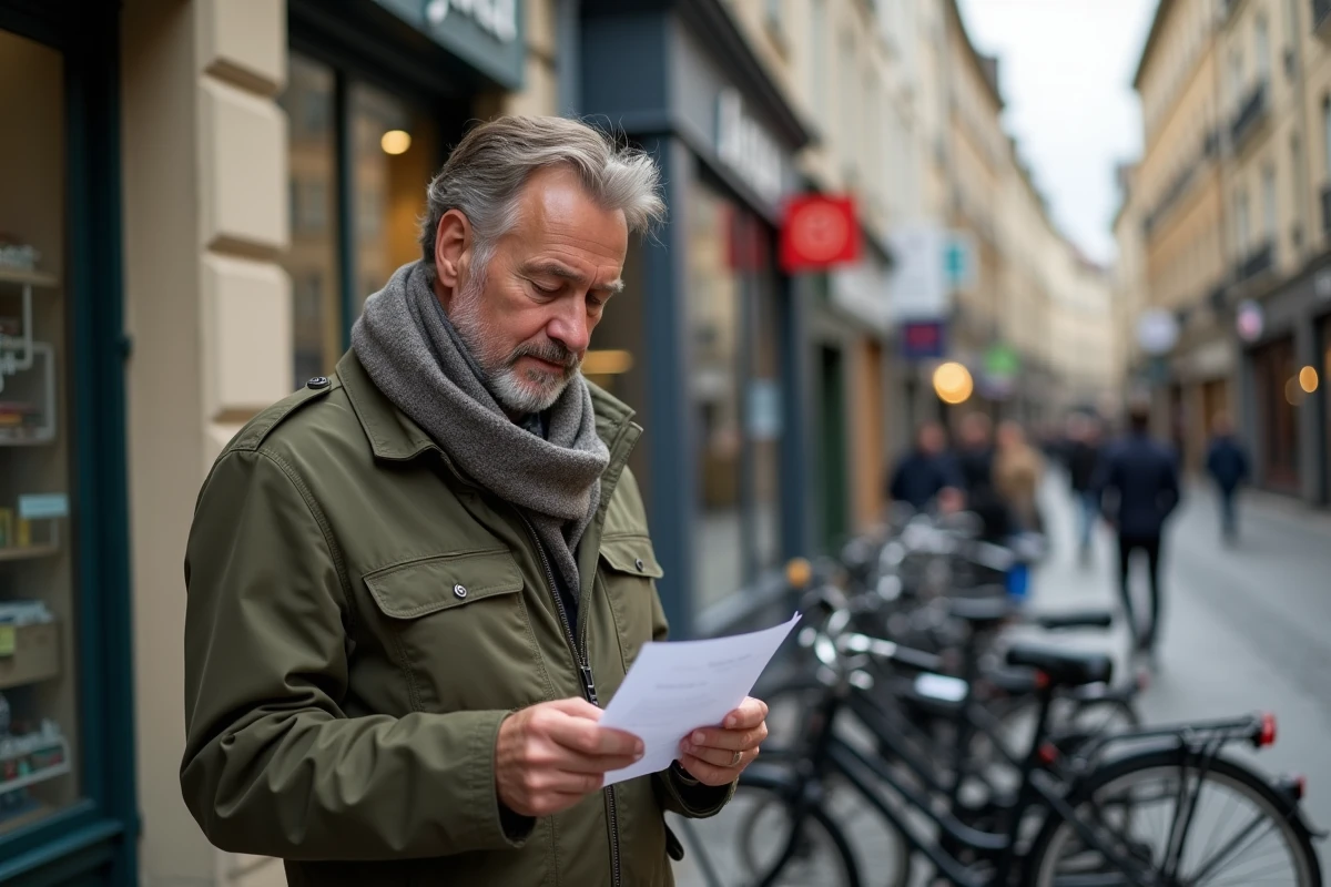 Homme vérifiant un reçu de livraison devant un relais urbain