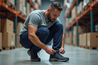 Homme d'âge moyen en chaussures de sécurité dans un entrepôt