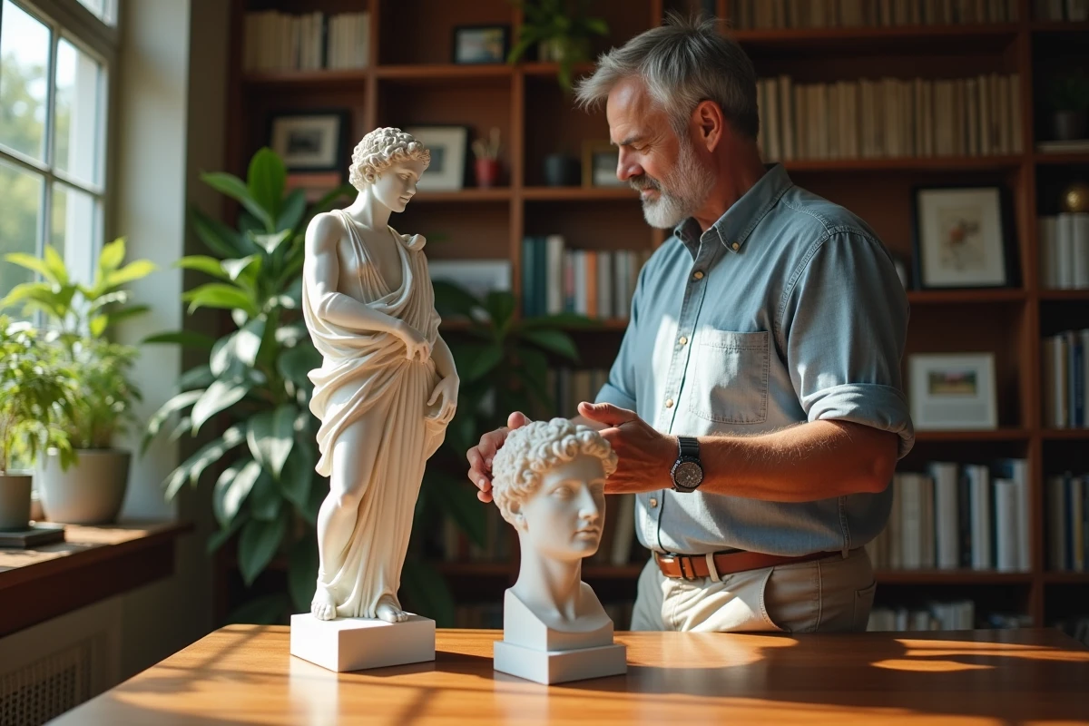 Homme comparant deux statuettes grecques en pl&acirc;tre et r&eacute;sine dans un bureau